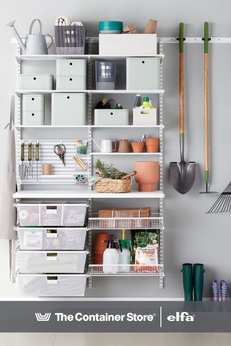 Elfa Garage Storage Solutions – The Container Store in 2022 | Garage storage solutions, Home organization, Home projects Elfa Garage, Garage Organization Ideas, Elfa Shelving, Wall Storage Unit, Garage Storage Solutions, Garage Makeover, Garage Shelving, Garage Storage Organization, The Container Store