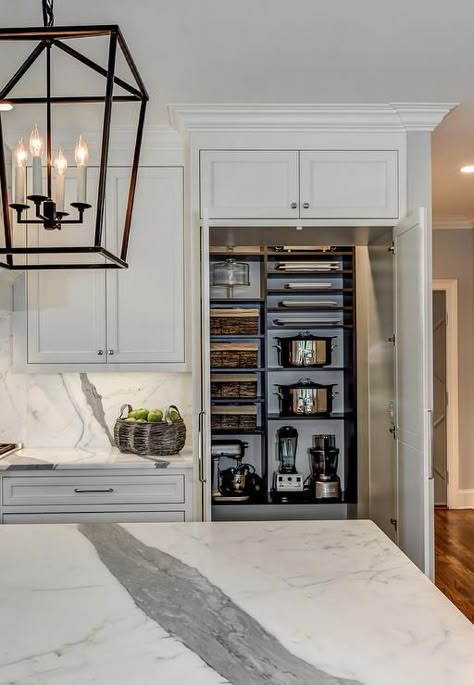 White paneled kitchen cabinet doors open to a concealed walk-in pantry filled with dark stained shelving boasting horizontal tray shelves as well as shelves dedicated to small kitchen appliances. Gömda Rum, Panel Kitchen Cabinets, Open Pantry, Hidden Pantry, Butlers Pantry, Kitchen Pantry Cabinets, Home Luxury, Kitchen Cabinet Organization, Kitchen Cabinet Doors