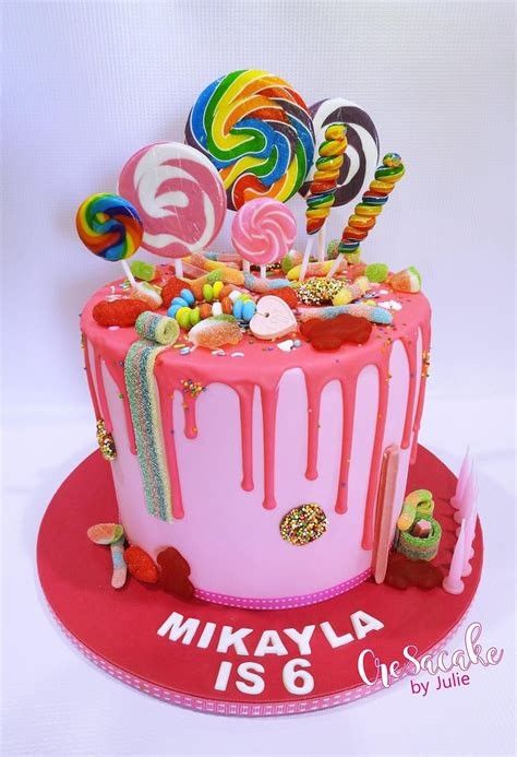 Lollipop Cake Ideas, Rainbow Lolly Cake, Birthday Cake Lollipop, Lolly Cake Decorations, Lolly Birthday Cake, Lollipop Cake Birthday, Georgia Cake, Drip Birthday Cake, Sweetie Cake