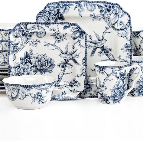 222 Fifth Dinnerware, Floral Dinnerware, Blue And White Dinnerware, White Dinnerware Set, Vase Deco, Square Dinnerware Set, Toile Pattern, Blue Dinnerware, Casual Dinnerware