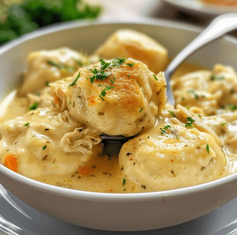 Savory Dumplings Recipe, Herb Dumplings Recipe, Dumpling Stew, Chicken Stew And Dumplings, Shredded Cooked Chicken, Chicken Dumpling Soup, The Stew, Matchstick Carrots, Thyme Chicken