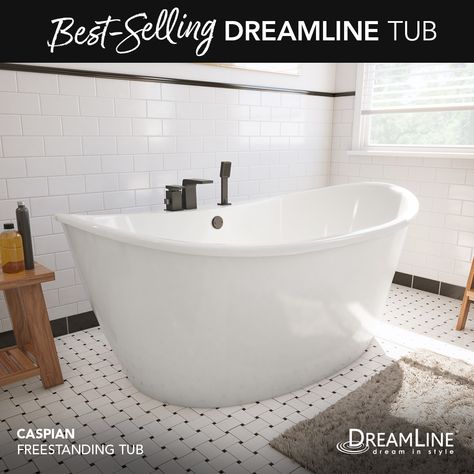 Our premium line of freestanding soaking bathtubs are made with a special AcrylX™ Applied Acrylic finish to resist scratching, cracking and chipping, so they will stay looking new for years to come, even with regular use! With thousands of 5-star reviews and over 1 million shower door products sold, you can count on DreamLine for the ultimate luxurious bathroom solution! Free Standing Bath Tub With Shelf, Freestanding Tub With Tile Surround, Modern Free Standing Tub, Free Standing Tub With Shower Combo, Small Freestanding Bathtub, Soaking Tub Small Bathroom, Free Standing Bath Tub Shower Combo, Stand Alone Tub Master Bath, Soaker Tub Bathroom Ideas