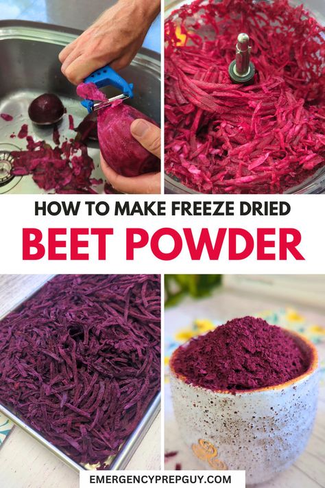 This image demonstrates the process of how to make freeze dried beet powder, showcasing the peeling and grating of beets, the freeze-dried beet shreds on a tray, and a bowl of vibrant beet powder, illustrating effective ideas for preserving and storing beets. Freeze Dried Meat, Beet Powder, Harvest Right Freeze Dryer, Best Freeze Dried Food, Dry Food Storage, Beetroot Powder, Freeze Drying Food, Freeze Dried, Freeze Drying