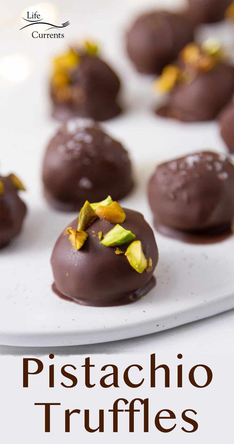 Chocolate covered pistachio truffles on a white serving tray, title underneath. Chocolate Covered Pistachios, Pistachio Truffles, Unique Candy, White Serving Tray, Pistachio Recipes, Dessert Truffles, Pistachio Butter, Sweet Breakfast Treats, Pistachio Cream