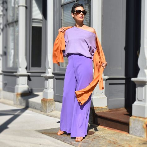 Orange And Lavender Outfit, Lilac Pants, Lavender And Orange, Lavender Pants, Lavender Outfit, Concert Fit, Orange Fits, Spring Styles, Vegas Outfit