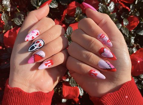 Ghostface Valentine Nails, Halloween Valentines Nails, Ghost Face Valentines Day Nails, Funny Valentines Day Nails, Scream Valentine Nails, Horror Valentines Nails, Alternative Valentines Nails, Alt Valentines Nails, Emo Valentines Nails