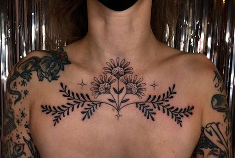 Feminin Chest Tattoo, Folk Art Chest Tattoo, Folk Chest Tattoo, Decorative Chest Tattoo, Collarbone Tattoo American Traditional, Women's Chest Tattoo, American Traditional Chest Tattoo Women, Delicate Chest Tattoo, Bold Chest Tattoo