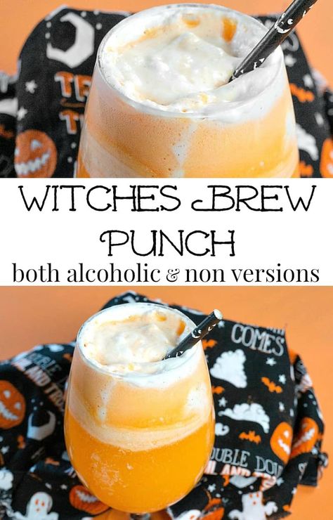 Witches' brew punch is a fun, frothy easy-to-make Halloween drink that you can make in an adult version and also in a non-alcoholic version. #Halloweendrink #Halloweenrecipe Halloween Drinks Alcohol Cocktails, Witches Brew Punch, Punch Halloween, Halloween Recipes Drinks, Halloween Punch Recipes, Cocktails Easy, Halloween Party Drinks, Halloween Drinks Alcohol, Halloween Drink