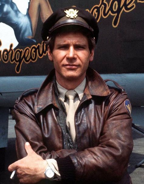 Harrison Ford as a B25 Pilot in Hanover St. Harrison Ford Indiana Jones, A2 Flight Jacket, Hanover Street, Street Film, Flying Jacket, Leather Flight Jacket, Han And Leia, Men's Leather Jacket, Harrison Ford