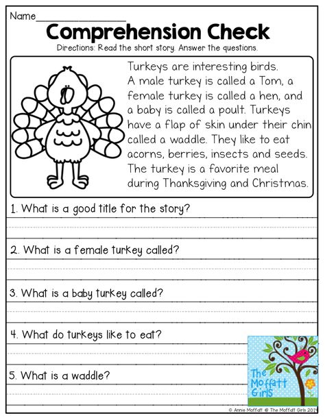 Comprehension Check- Read the short story and answer the questions. Thanksgiving Readings, 2nd Grade Reading Comprehension, Reading Comprehension For Kids, Thanksgiving Worksheets, Listening Comprehension, 3rd Grade Reading, 2nd Grade Reading, First Grade Reading, Reading Comprehension Passages