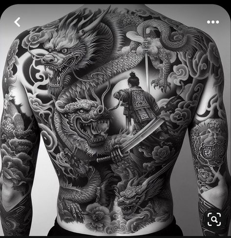 Tattoo Men Samurai, Samurai Full Back Tattoo, Guy Back Tattoos, Full Back Piece Tattoo Men, Full Back Tattoo For Men Ideas, Mafia Tattoo Ideas, Full Back Dragon Tattoo, Full Body Tattoo Man, Samurai And Dragon Tattoo