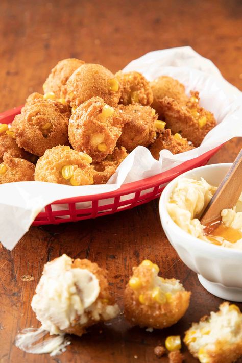 Hush Puppies with Hot Honey Butter – Savannah Bee Company Honey Butter For Hush Puppies, Hush Puppies With Corn, Hush Puppies Recipe With Corn, Whipped Honey Butter Recipe, Crispy Cornbread, Cornbread Fritters, Hot Honey Butter, Hush Puppies Recipe, Honey Butter Recipe