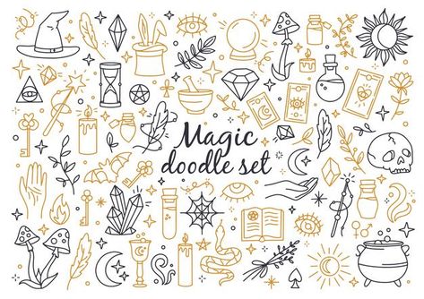 A magical set of doodle style icons line... | Premium Vector #Freepik #vector #halloween Easy Witchy Doodles, Bujo Magic Theme, Magic Doodles Simple, Witch Doodles Easy, Mystical Doodles, Witchy Doodles Simple, Tarot Doodles, Witchcraft Doodles, Crystal Doodles