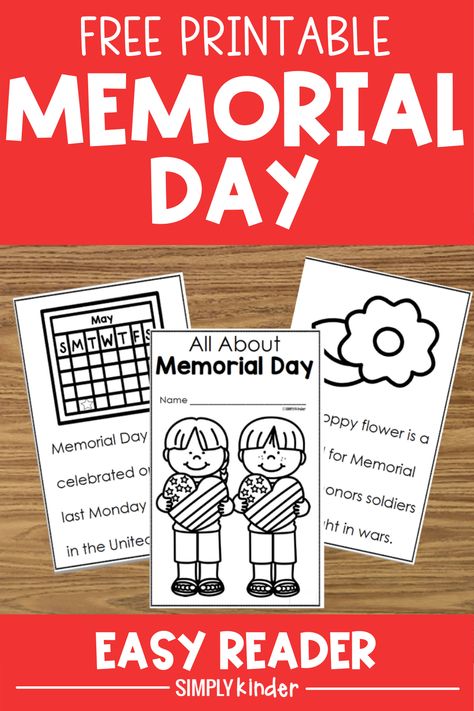 Grab this FREE easy reader book all about Memorial Day! Teach preschool, kindergarten, and first grade students with this 10 page informational book. Learn about the history of Memorial Day, facts, and more! Download for free today! Memorial Day Craft Preschool, Memorial Day 1st Grade, Memorial Day Kindergarten Activities, Memorial Day Kindergarten, Memorial Day Homeschool Lesson, Memorial Day For Kindergarten, Memorial Day For Preschoolers, Memorial Day Sunday School Lesson, Easy Memorial Day Crafts For Kids