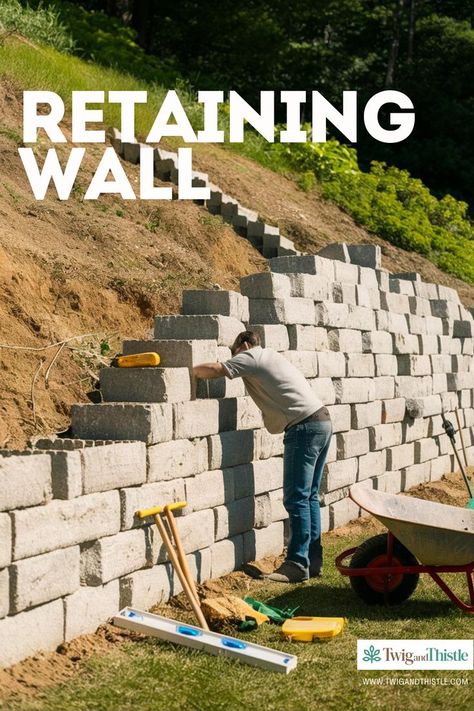 Retaining Wall on Slope Retaining Wall Landscape Sloped Yard, Cheap Diy Retaining Wall Ideas, Landscape Sloped Yard, How To Build A Retaining Wall, Tall Retaining Wall Ideas, Retaining Walls On A Slope, Garden On Slope, Retaining Wall On A Slope, Build Retaining Wall