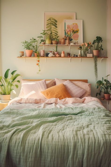 Colorful Minimalist Bedroom Aesthetic, Simple Colorful Bedroom Decor, Coral Bedroom Decor Ideas, Apartment Bedroom Ideas For Women Cozy, Cozy European Bedroom, Simple Colorful Room, Earthy Pastel Bedroom, Opal House Decor, Magnolia Home Bedroom Ideas