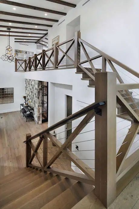 Modern Farmhouse by Casa Arte Group | HomeAdore HomeAdore Farmhouse Staircase, Loft Railing, Barn Style House, Farmhouse Interior, House Plans Farmhouse, House Stairs, Farmhouse Style House, Candy Land Christmas, Staircase Design