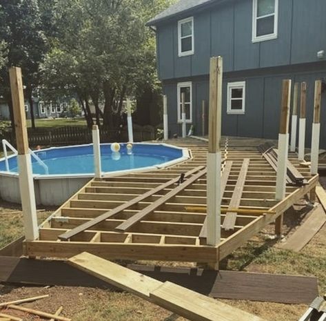 Outdoor Pool Area Above Ground Deck, Deck For Above Ground Pool, Lake House Backyard, Semi Above Ground Pool, Ground Deck, Ideas For Small Yards, Ground Level Deck, Above Ground Pool Deck, Pool Ideas On A Budget