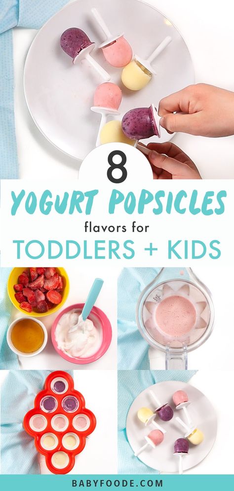 These Yogurt Fruit Popsicles are the perfect healthy treat for baby, toddler and kids this summer! They are easy to make with only 3-ingredients and with a prep time of less than 5 minutes. PLUS.. I give you 8 easy fruit flavors you have to try! #baby #toddler #kids #popsicles #frozen #dessert #healthy Yogurt Fruit Popsicles, Kids Popsicles, Baby Popsicles, Popsicle Recipe For Kids, Easy Popsicle Recipes, Breakfast Popsicles, Kids Yogurt, Healthy Popsicle Recipes, Easy Popsicles