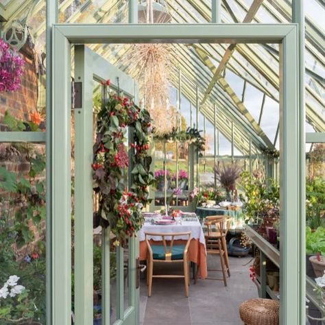 Greenhouse Front Porch, Greenhouse Dining Room, Greenhouse Dining, Attached Greenhouse, Greenhouse Pictures, Erin Napier, Backyard Greenhouse, Antique Interior, Pictures Ideas