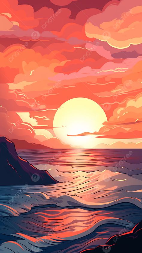 Sunset Sea Illustration, Sunset Cartoon, Water Sunset, Sea Illustration, Water Poster, Water Nature, Line Art Vector, Scenery Background, Sunset Sea