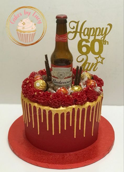 Budweiser Party Ideas, Budweiser Birthday Ideas, Red And Gold Cake For Men, Budweiser Cake Ideas, Red Cake Designs Birthday For Men, Budweiser Party, Budweiser Cake, 60th Birthday Ideas For Dad, 60th Cake