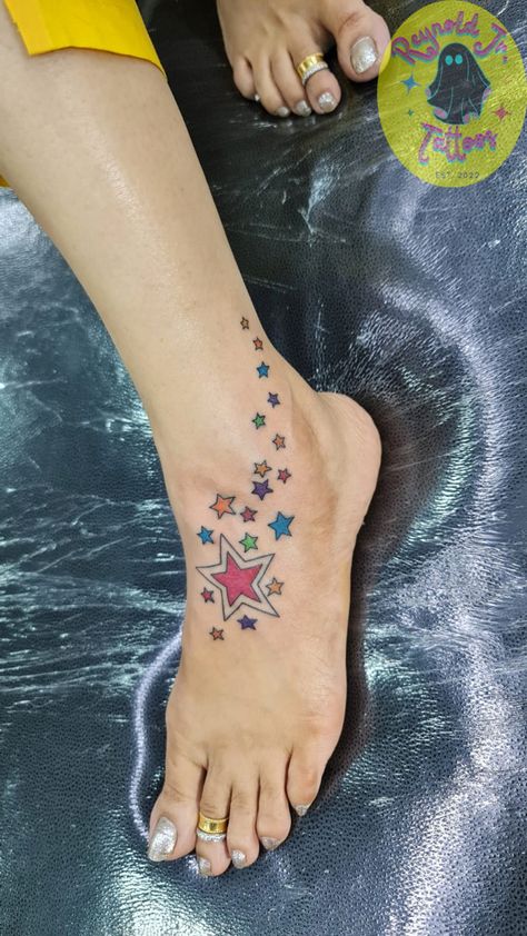 Colour tattoo ❤️💚🧡💙💛💜 Colourful Star Tattoo, Suki Tattoo, Colour Tattoo, Stars Tattoo, Kochi Kerala, Harry Potter Tattoos, Star Tattoo, Foot Tattoo, Star Tattoos