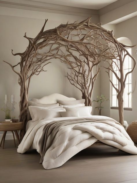 Indulge in ‘Nature’s Embrace’ with our canopy bed, mimicking the look of tree branches. This organic design transforms your bedroom into a calming and immersive sleeping environment, bringing the essence of nature indoors. 🛏️🌳✨ #CanopyBed #NatureInspiredDesign #OrganicBedroom #PinterestNaturalRetreat Tree Branch Bed Frame, Tree Canopy Bed, Tree Bed Frame, Tree Bedframe, Hobbit Airbnb, Branch Bed Frame, Tree Headboard, Vintage Camp Style Decor, Branch Bed