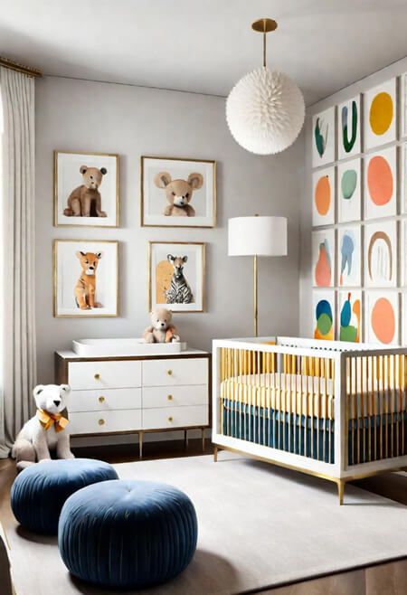 How to Decorate a Gender Neutral Nursery. Nursery ideas. Nursery room inspiration. Gender neutral nursery. Nursery inspiration. Home nursery. Small nursery ideas. Neutral baby nursery.  animals. colorful art. gray walls. white bed. peach. yellow. green Small Nursery Ideas Neutral, Closet Kids Room, Small Nursery Ideas, Organization Nursery, Nursery Closet, Nursery Room Inspiration, Nursery Organization, Neutral Nursery, Gender Neutral Nursery