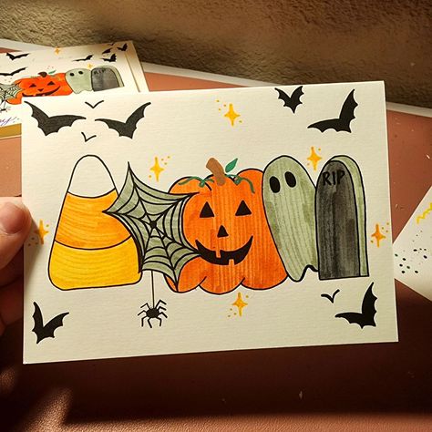 Hand drawn Halloween greeting cards and bookmarks available for purchase from my Etsy shop on 9/13! Halloween Card For Best Friend, Happy Halloween Cards Diy, Cute Halloween Cards For Boyfriend, Cute Halloween Cards Diy, Halloween Cards Handmade Ideas For Kids, Halloween Homemade Cards, Halloween Cards For Kids, Fall Card Ideas, Halloween Cards Handmade Ideas