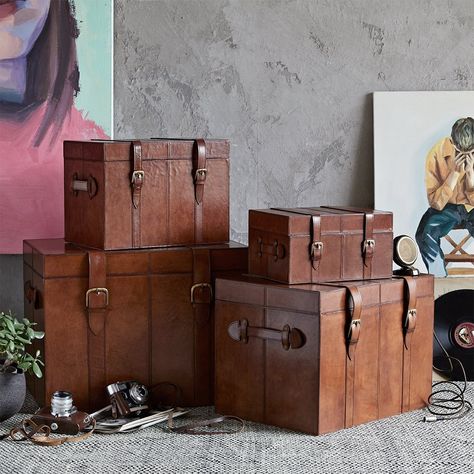 From keep-sakes to bed linen we have beautiful storage solutions for you. If you're not sure which one is right for you then head over to our online store to see our Guide to finding the perfect trunk. #leathertrunk #leathertrunk #largetrunk #keepsaketrunk #lheirloomtrunk #cabintrunk #steamertrunk #cleverstorage #luxuryleatherhomeaccessories #luxhomes #homeideas #luxuryhomes #beautifulhome #luxuryhome #luxurygifts #personalisedgifts #apartmentliving #bhghome Keepsake Trunk, Trunk Boxes, Vinyl Record Collection, Leather Trunk, Leather Luggage Tag, Trunks And Chests, Storage Trunks, Leather Storage, Steamer Trunk