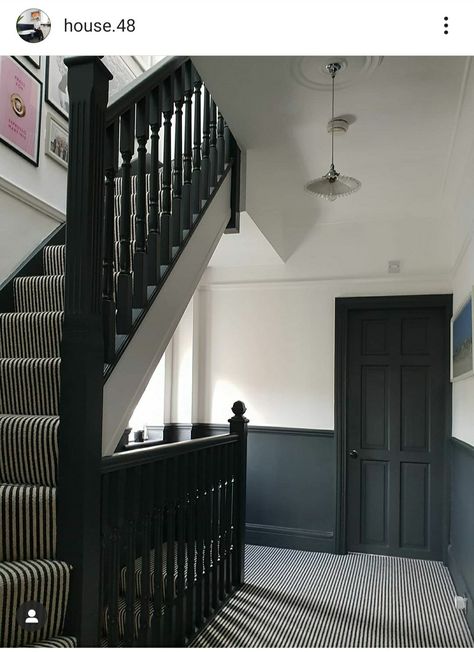 Painted Stairs With Runner, Stairs With Runner, Edwardian Staircase, Hallway Wall Colors, Stair Paneling, Staircase Interior Design, Stairs Renovation, Victorian Hallway, House Staircase