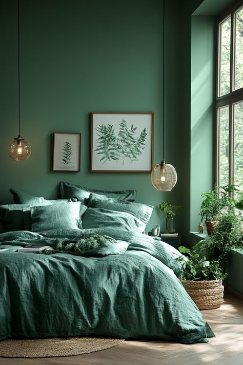 Emerald green and gold bedroom ideas are perfect for those who want to create a luxurious and sophisticated space. Explore rich emerald walls, gold accent furniture, and opulent metallic decor. Discover tufted emerald headboards, gold-framed mirrors, and crystal chandeliers. Find inspiration for emerald green bedding with gold embroidery, gilded botanical prints, and plush green carpets.  These 27 ideas will help you create a bedroom retreat that is both stunning and welcoming. Emerald Green Gold Bedroom, Emerald Green Bedroom Colour Schemes, Emerald Green And Gold Bedroom, Green Bed Frame, Green Gold Bedroom, Emerald Green Bedding, Emerald Walls, Green Reading Nook, Green And Gold Bedroom Ideas