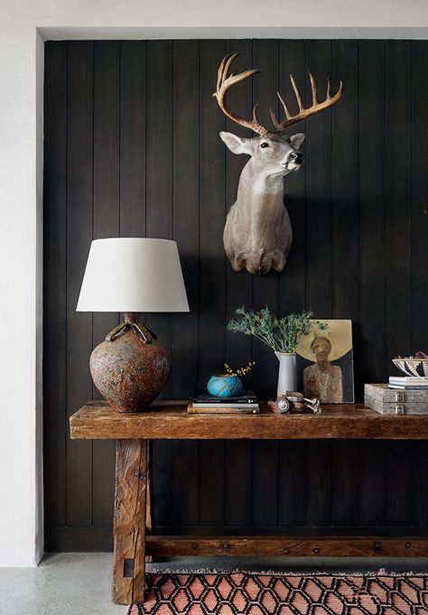 Weekend getaway lodges in Texas Dark Wall Office, Deer Mounts In Living Room, Decorating With Deer Mounts, Deer Mount Decor, Taxidermy Decor, Deer Mounts, Wall Office, Trophy Rooms, Dark Wall