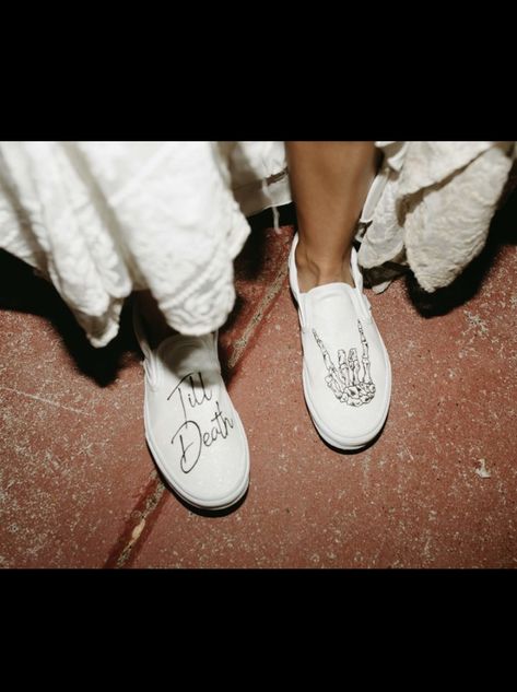 Short To Long Wedding Dress, Wedding Dress With Vans Shoes, Custom Wedding Vans, Bride And Groom Vans, Bride Vans Shoes, Tattoo At Wedding, Wedding Vans Shoes Brides, Engagement Accouncement, Vans Wedding Shoes The Bride