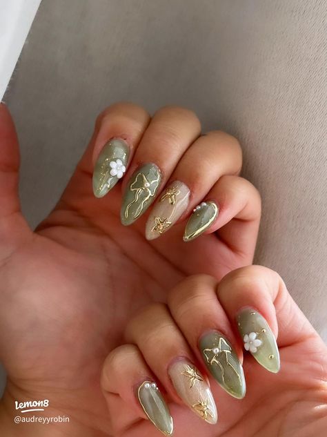 jade nails💚🤍 | Gallery posted by AUD | Lemon8 Elven Nails, Jade Nails Designs, Jade Green Nails, Fairy Nail Art, Paznokcie Hello Kitty, Jade Nails, Kutek Disney, Nail Looks, Nagel Tips