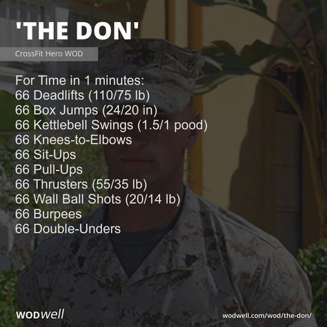 For Time in 1 minutes: 66 Deadlifts (110/75 lb); 66 Box Jumps (24/20 in); 66 Kettlebell Swings (1.5/1 pood); 66 Knees-to-Elbows; 66 Sit-Ups; 66 Pull-Ups; 66 Thrusters (55/35 lb); 66 Wall Ball Shots (20/14 lb); 66 Burpees; 66 Double-Unders Station Workouts, Wods Crossfit, Hero Workouts, Crossfit Workouts Wod, Hero Wod, Body Build, Calorie Burning Workouts, Wod Workout, Double Unders