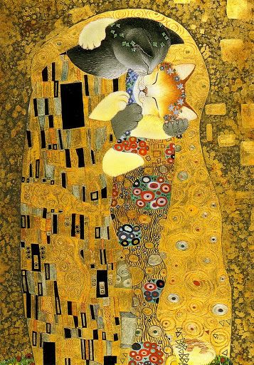 Klimtty Kitty Kisses, Klimt Art, 강아지 그림, Image Chat, Art Parody, Cat Artwork, The Kiss, Cats Illustration, Arte Animal