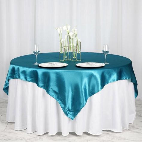 72" x 72" Teal Seamless Square Satin Tablecloth Overlay | eFavorMart Satin Tablecloth, Teal Table, 120 Round Tablecloth, Table Overlays, Mantel Redondo, Square Tablecloth, Wedding Linens, Party Table Decorations, Dark Turquoise