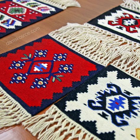 Smallеr pieces of Pirot kilim (about 30cm), used as souvenirs. Pirot kilim is a unique and highly regarded brand of flat tapestry-woven carpets or rugs, made of pure sheep's wool ( from Stara Planina, southeastern Serbia), dyed with natural colours and long enduring. Has 28 weave lines in 1cm and both sides of the rug can be used. Its ornaments are unique: 96 of them are geographically protected exclusively made in Pirot, Serbia. Handicraft society "Lady's Heart": www.damskosrce.com Pirot Serbia, Ornamental Rug, Pirot Kilim, Stara Planina, فن النسيج, Fuzzy Rug, Tapestry Woven, Weaving Tutorial, Kilim Pattern