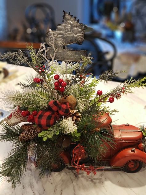 Red Truck Christmas Table Centerpiece, Red Truck Christmas Floral Arrangement, Metal Truck Christmas Decor, Metal Trucks Decor, Red Truck Decor Christmas, Truck Floral Arrangement, Christmas Truck Centerpiece, Red Trucks For Christmas, Red Truck Centerpiece Ideas