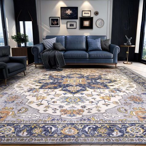 Blue Brown Rug, Navy Couch Rug Ideas, Tan And Blue Living Room Ideas, Grey Couch Blue Rug, Blue Area Rugs In Living Room, Gray And Navy Living Room, Large Area Rugs In Living Room, Family Room Rugs, Navy Blue Living Room Decor