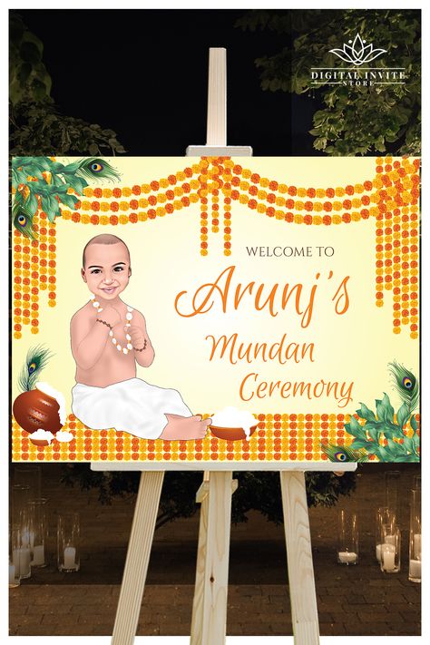 This DIY Annaprashan sign & Indian baby naming sign, a fusion welcome sign in traditional elegance, is complemented with florals & leaves, perfect for your Indian Baby shower celebrations or Noolukettu signs, Barasala signs, Thottil signs, Uyyala signs!
This Electronic Mundan ceremony welcome sign template download is one, that you can easily play around with to match your Mundan welcome signs decor. Mundan Ceremony Decoration At Home, Decoration For Baby Welcome, Mundan Ceremony Decoration Ideas, Mundan Ceremony Decoration, Mundan Ceremony, Ceremony Welcome Sign, Baby Naming Ceremony, Indian Baby Names, Unique Wedding Signs