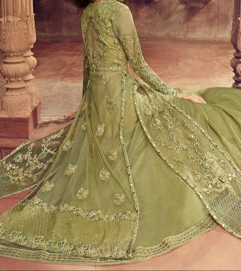 Badla Work, Tailor Design, Net Anarkali, Olive Green Fabric, Wedding Reception Party, Butterfly Net, Casual Frocks, Zari Embroidery, Lehenga Style