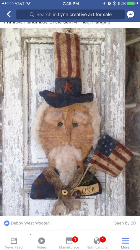 Primitive Patriotic Crafts, Uncle Sam Craft, Uncle Sam Wood Crafts, Americana Fabric, Primitive Wood Santa Hat, Primitive Americana Decor, Flag Quilts, Primitive Americana Lange General Store, Patriotic Doll