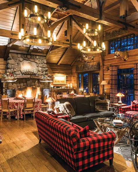 The Most Beautiful Mountain Lodge Fireplaces - The Cottage Journal Alpine Lodge Decor, Lodge Fireplace Ideas, Lodge Fireplace, Mountain Lodge Decor, Homestead Business, Lodge Style Decorating, Lodge Living Room, Maine Cabin, Lodge Christmas