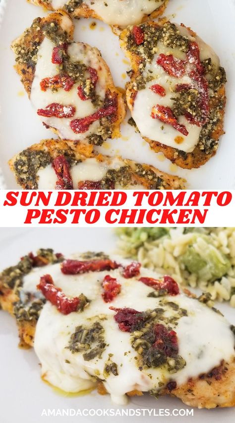 Pesto Chicken Parmesan – Delicious crispy parmesan chicken with pesto sauce, melty mozzarella cheese and sun-dried tomatoes. This easy pesto chicken dinner recipe is cooked on the stovetop and is done in under 30 minutes! Pesto Chicken Dinner, Chicken With Pesto Sauce, Easy Pesto Chicken, Chicken With Pesto, Crispy Parmesan Chicken, Tomato Pesto Chicken, Chicken Dinner Recipe, Tomato Pesto, Chicken Main Dishes