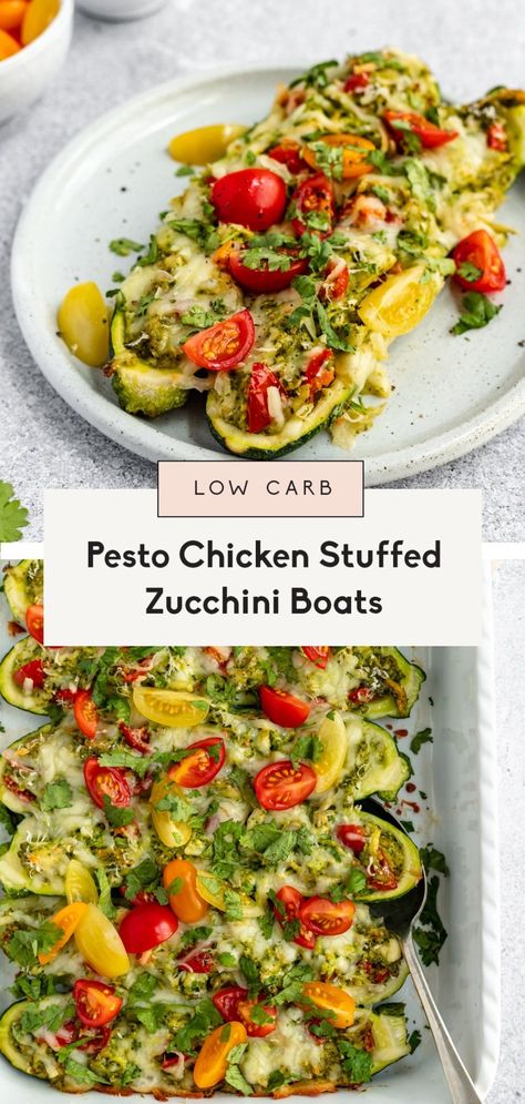 Savory pesto chicken stuffed zucchini boats with a homemade cashew jalapeño pesto and layers of mozzarella cheese. These easy, healthy pesto chicken zucchini boats are fun and easy to make and pack tons of delicious protein. The perfect dinner for using up fresh zucchini! #zucchinirecipe #zucchini #zucchiniboats #chicken #pesto #lowcarb #healthydinner #mealprep #dinner Healthy Pesto Chicken, Jalapeño Pesto, Healthy Stuffed Zucchini, Chicken Stuffed Zucchini Boats, Chicken Stuffed Zucchini, Mealprep Dinner, Spiced Zucchini, Homemade Pesto Recipe, Stuffed Zucchini Boats