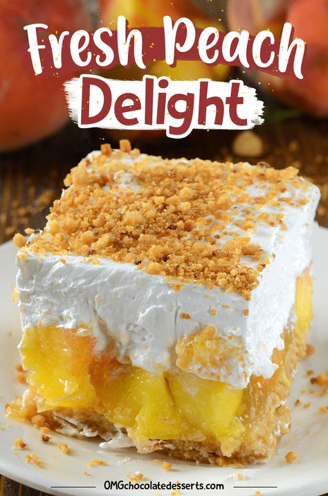 Fresh Peach Delight - a refreshing layered dessert! Graham cracker crust, a layer of peach and filling, and cool whip on top! #peach #dessert Peach Cool Whip Dessert, Fresh Peach Delight, Peach Delight Dessert, Dessert Graham, Peach Tart Recipes, Graham Dessert, Peach Delight, Delight Dessert, Cool Whip Desserts