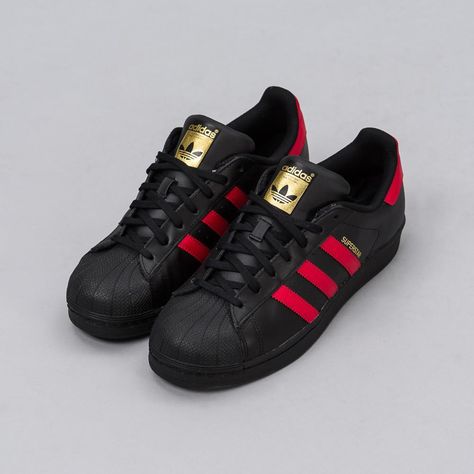 Adidas - Superstar in Core Black/Red - Notre - 1 Red Adidas Sneakers, Red Adidas Custom Sneakers, Red Adidas Sneakers For Streetwear, Adidas Superstar Red, Luxury Red Adidas Sneakers, Adidas Superstar Black, Adidas Shoes Mens, Adidas Shoes Women, Adidas Originals Superstar